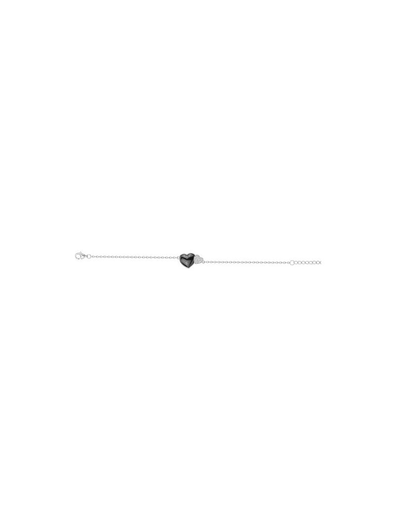BRACELET ARGENT - CERAMQIUE NOIRE - COEUR - ZIRCONIA