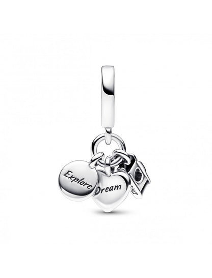 Breloque triple pendentif appareil photo, cœur et boussole