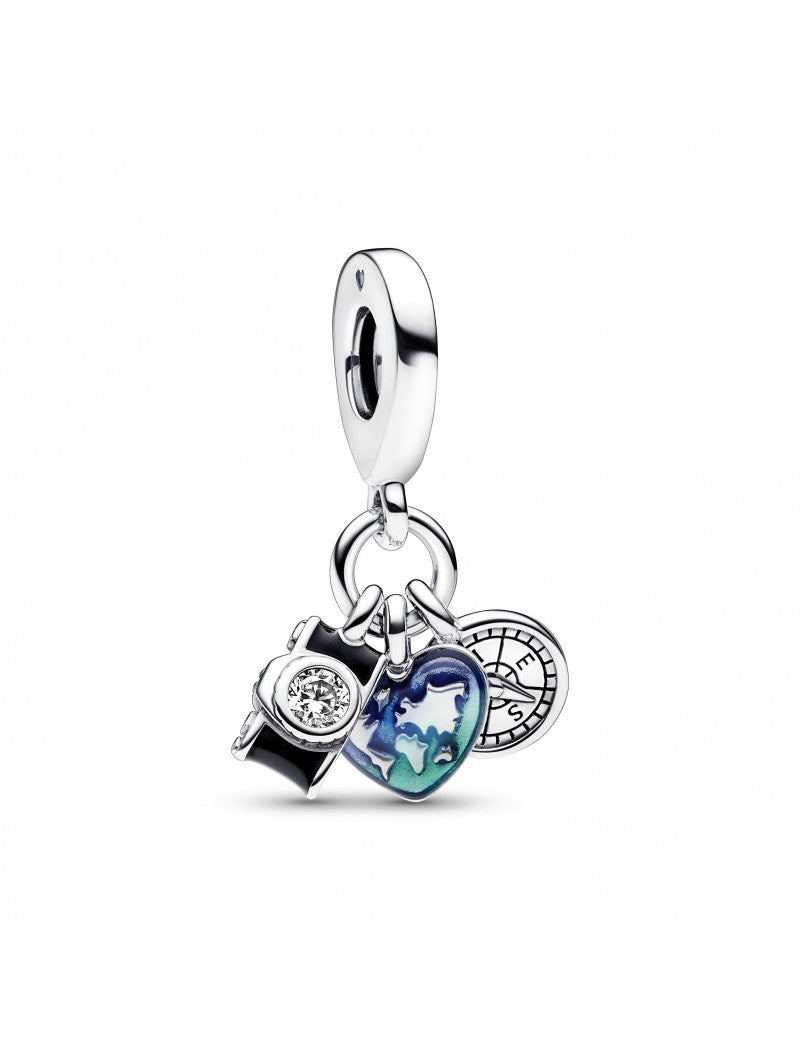 Breloque triple pendentif appareil photo, cœur et boussole