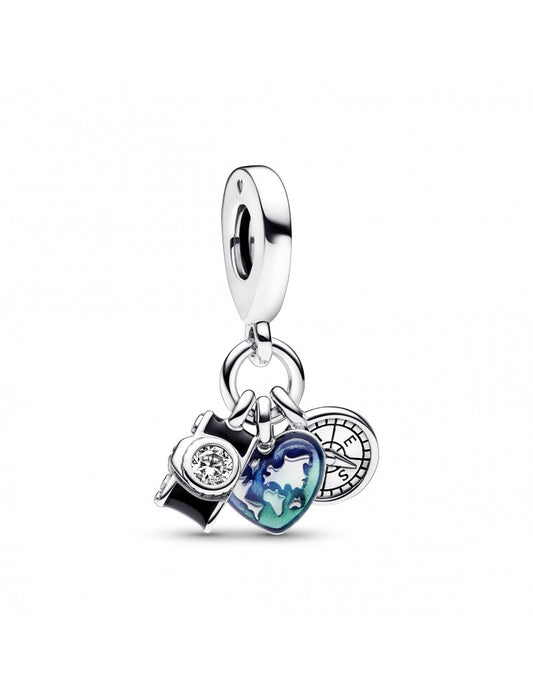 Breloque triple pendentif appareil photo, cœur et boussole