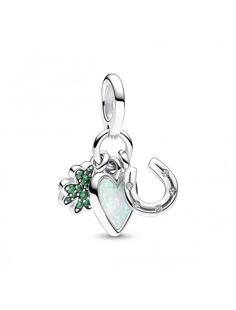 Charm triple pendentif trèfle à quatre feuilles, cœur et fer à cheval