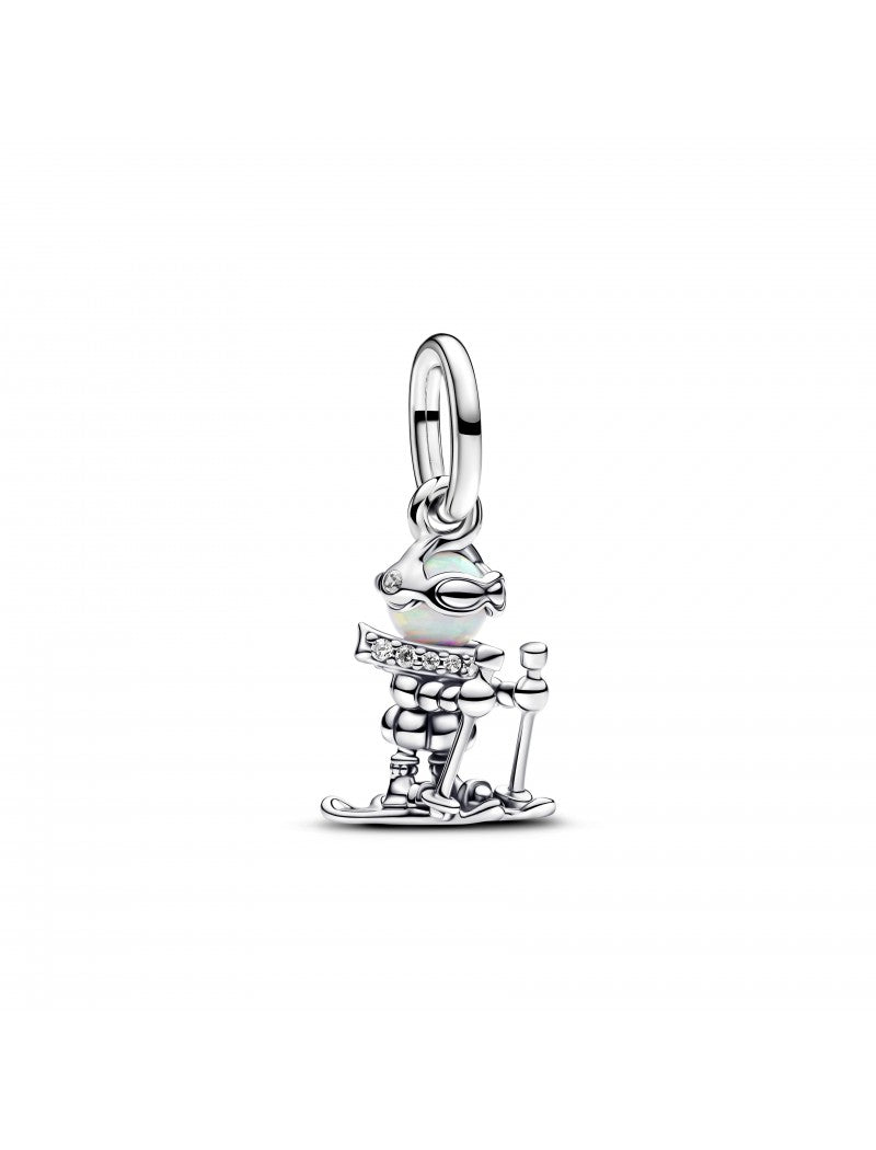 Pendentif skieur en argent sterling avec opale blanche créée en laboratoire et zircone cubique transparente
