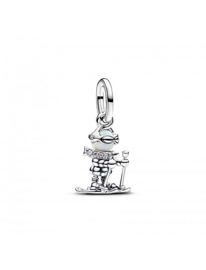 Pendentif skieur en argent sterling avec opale blanche créée en laboratoire et zircone cubique transparente