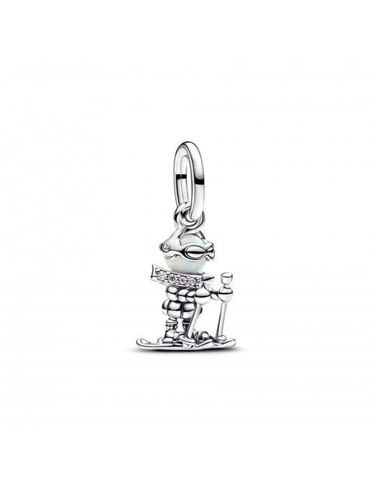 Pendentif skieur en argent sterling avec opale blanche créée en laboratoire et zircone cubique transparente