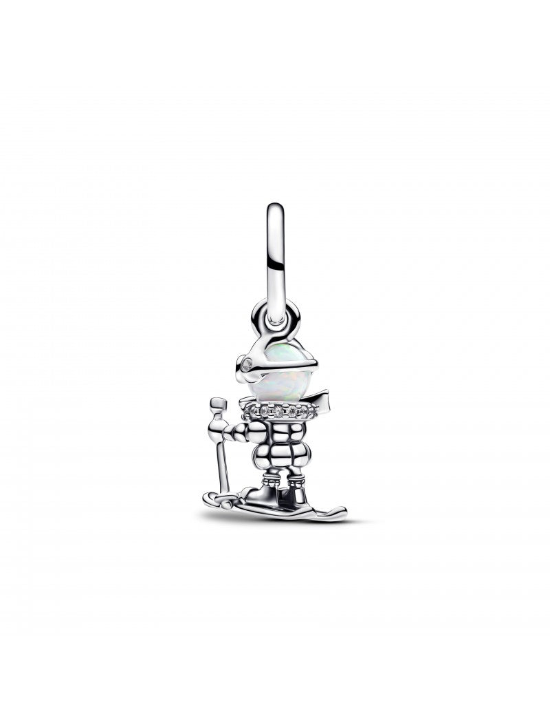 Pendentif skieur en argent sterling avec opale blanche créée en laboratoire et zircone cubique transparente