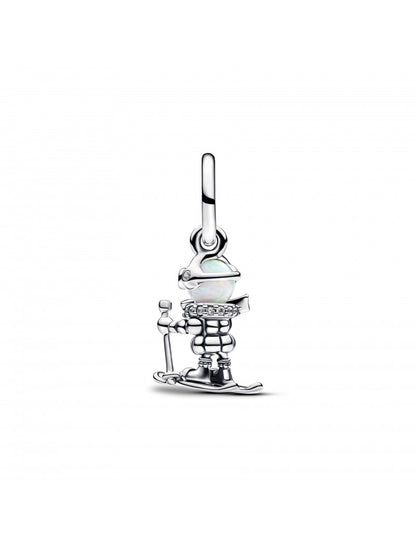 Pendentif skieur en argent sterling avec opale blanche créée en laboratoire et zircone cubique transparente