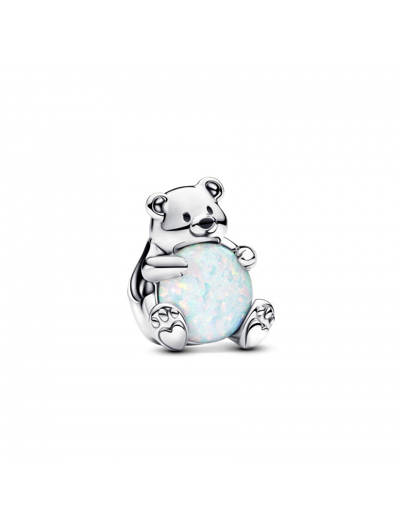 Charm ours polaire en argent sterling avec opale blanche créée en laboratoire et émail noir