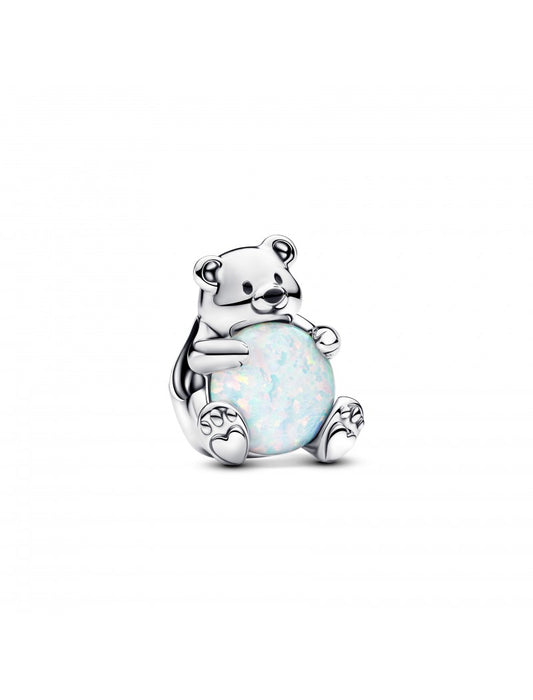 Charm ours polaire en argent sterling avec opale blanche créée en laboratoire et émail noir