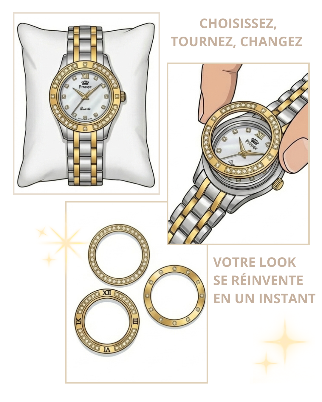 MONTRE DAME SWISS MADE - BRACELET METAL DORE - CADRAN NACRE - 3 LUNETTES INTERCHANGEABLE