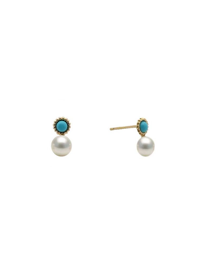 BOUCLES D'OREILLES OR 9 CARATS - TURQUOISE SYNTHETIQUE- PERLE DE CULTURE