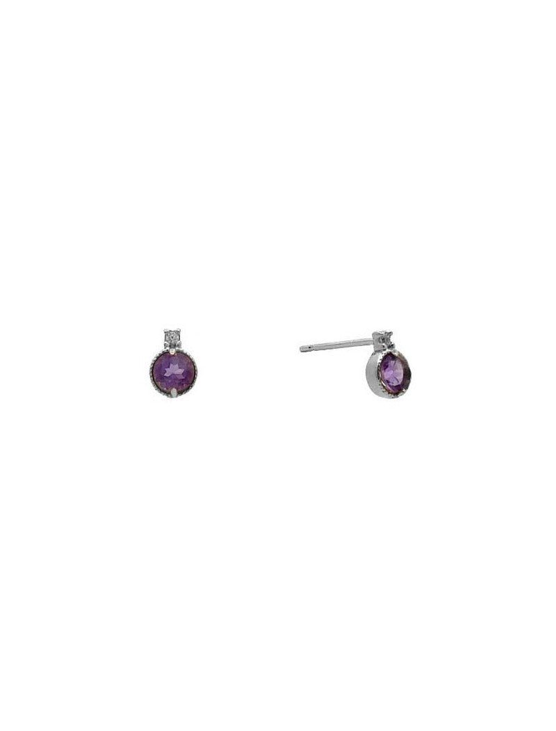 BOUCLES D'OREILLES OR BLANC 9 CARATS - ZIRCONIA - AMETHYSTE SYNTHETIQUE