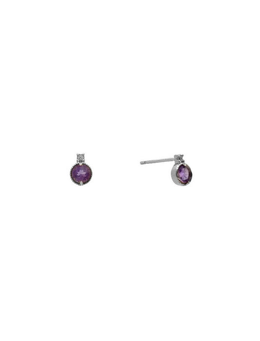 BOUCLES D'OREILLES OR BLANC 9 CARATS - ZIRCONIA - AMETHYSTE SYNTHETIQUE