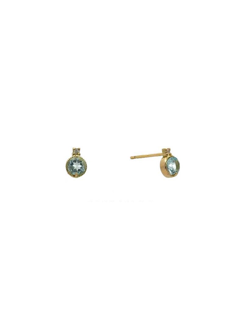 BOUCLES D'OREILLES OR 9 CARATS - ZIRCONIA - AIGUE-MARINE SYNTHETIQUE