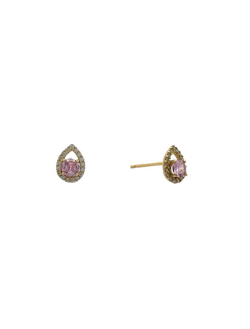 BOUCLES D'OREILLES OR 9 CARATS - ZIRCONIA - QUARTZ ROSE SYNTHETIQUE