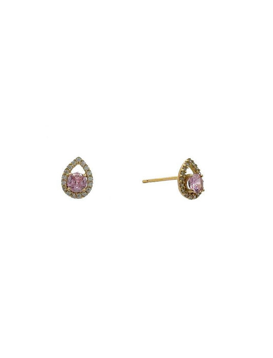 BOUCLES D'OREILLES OR 9 CARATS - ZIRCONIA - QUARTZ ROSE SYNTHETIQUE
