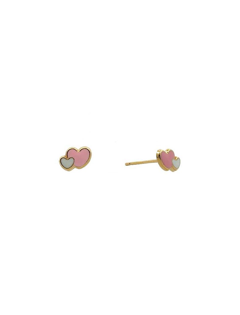 BOUCLES D'OREILLES OR 9 CARATS - EMAIL ROSE ET BLANCHE - COEUR