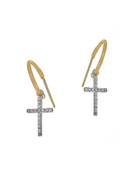 BOUCLES D'OREILLES OR 9 KT - BICOLORE - CROIX - ZIRCONIA