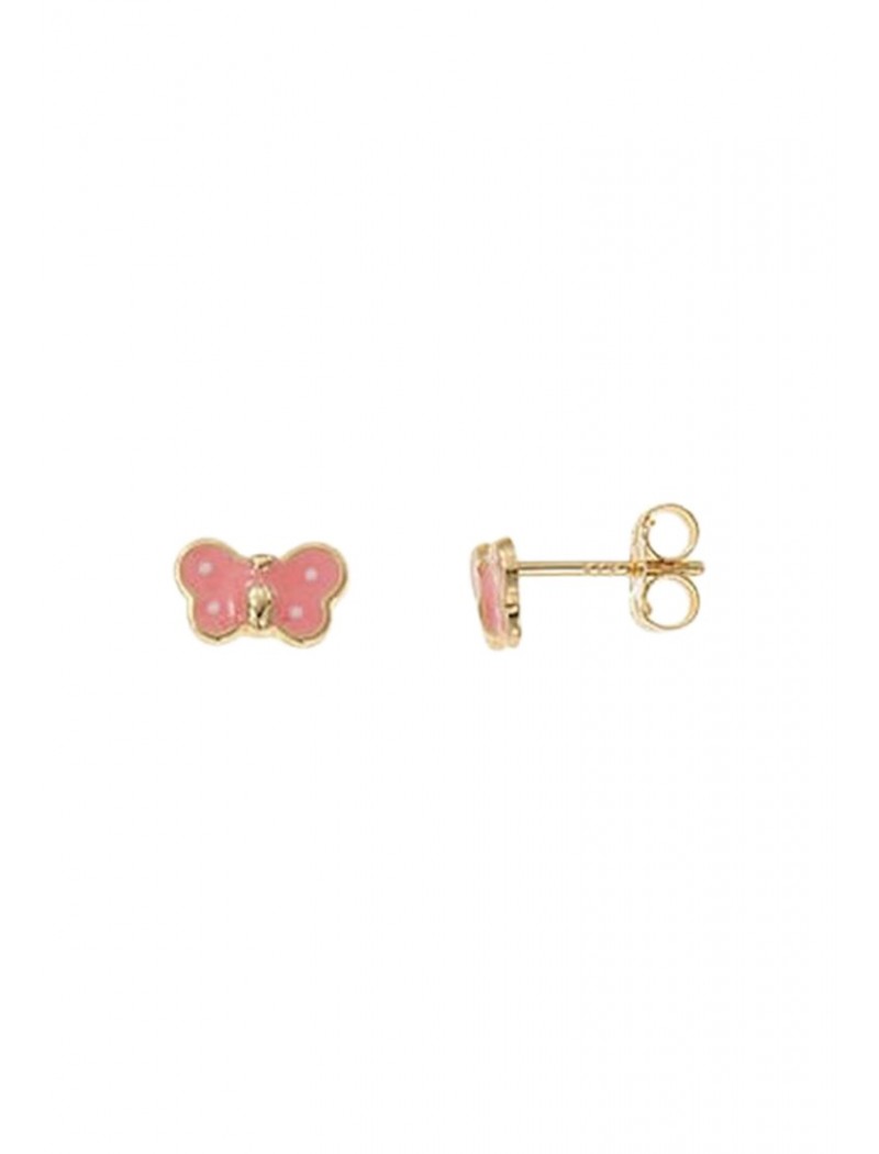 BOUCLES D'OREILLES OR 9 KT - LAQUE ROSE - PAPILLON