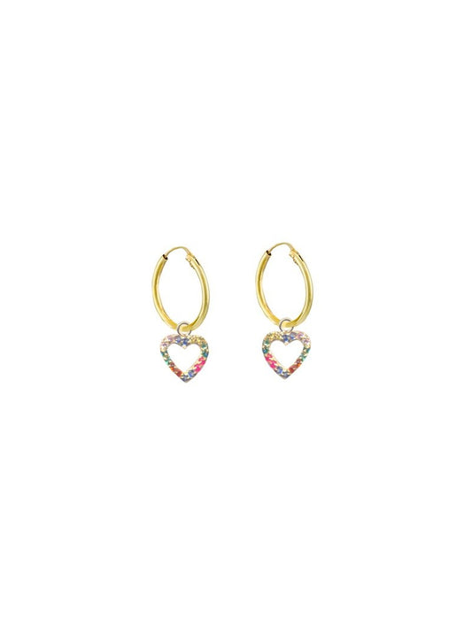CREOLES OR 9 KT - COEUR - ZIRCONIA MULTICOLORE - 14 MM