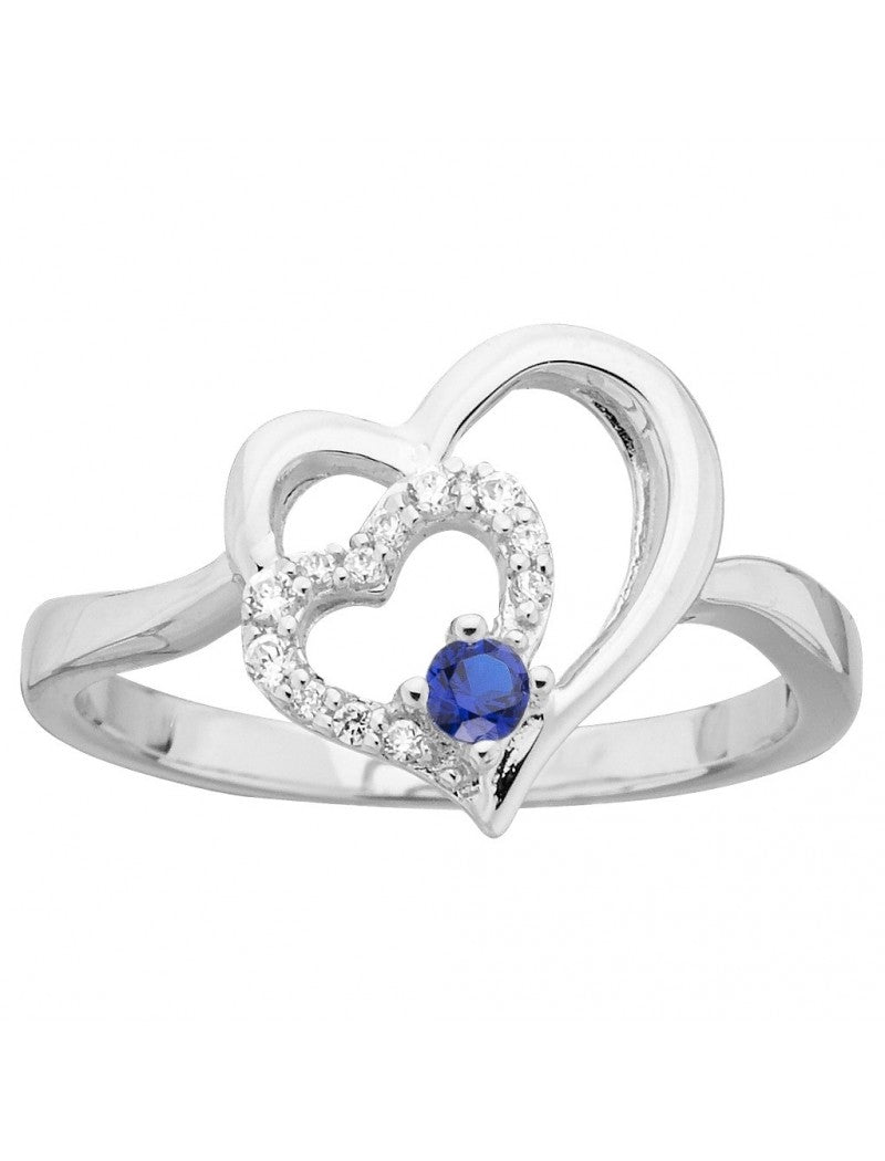 BAGUE ARGENT RHODIE - ZIRCONIA - SAPHIR SYNTHETIQUE - CŒUR
