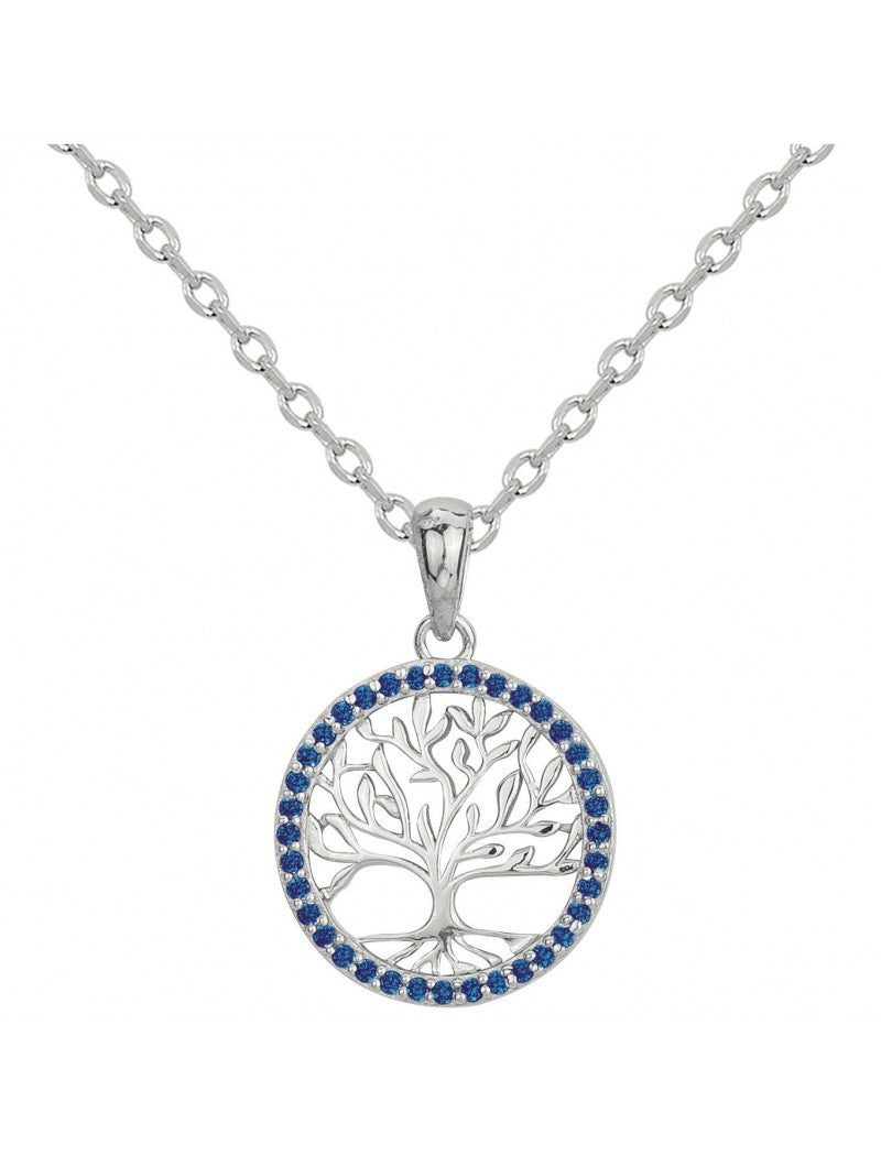 COLLIER ARGENT RHODIE - SAPHIR SYNTHETIQUE - ARBRE DE VIE