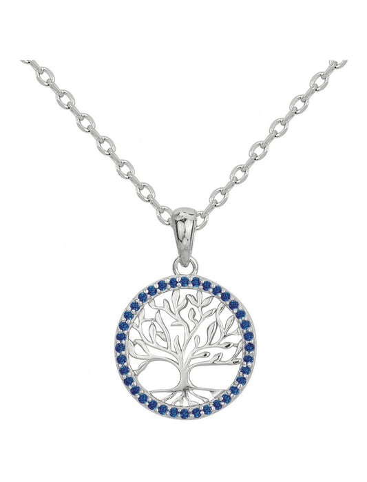 COLLIER ARGENT RHODIE - SAPHIR SYNTHETIQUE - ARBRE DE VIE