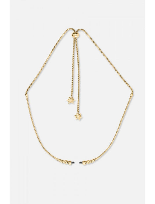 Collier Edelweiss en acier inoxydable et traitement de surface PVD doré, réglable en taille et recto-verso. Recto avec système de fermoir, verso avec décors fixes en laiton avec traitement de surface PVD doré.