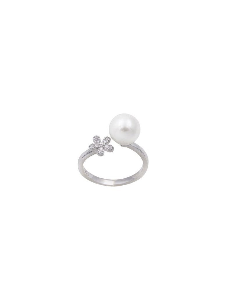 BAGUE ARGENT RHODIE - FLEUR - PERLE DE CULTURE - ZIRCONIA