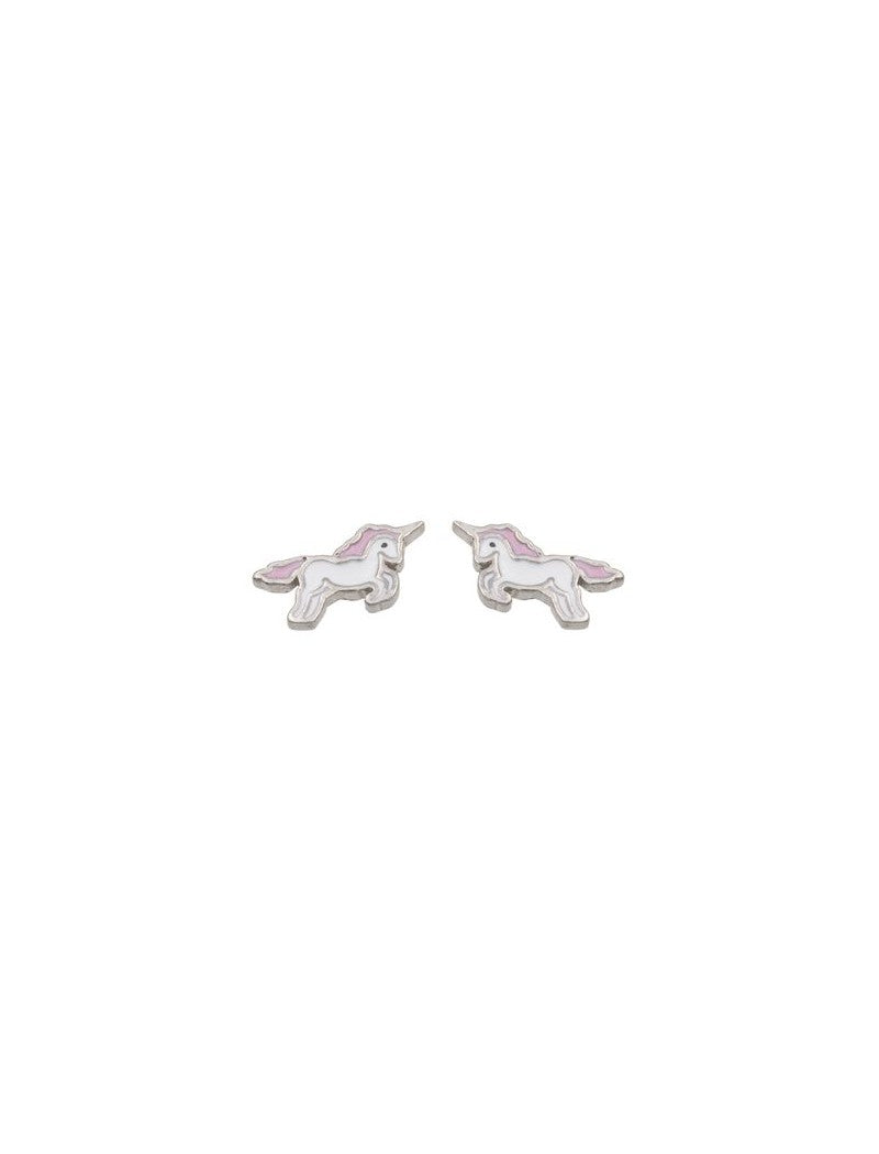BOUCLES D'OREILLES ARGENT RHODIE - LICORNE - EMAIL BLANC ET ROSE