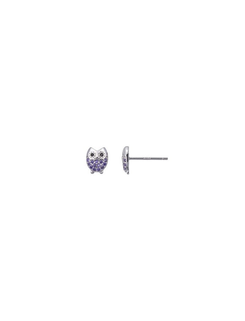 BOUCLES D'OREILLES ARGENT RHODIE - HIBOU -  AMETHYSTE SYNTHETIQUE