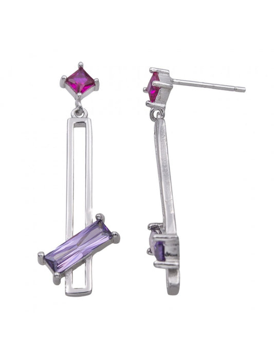 BOUCLES d'OREILLES ARGENT RHODIE - PENDANTES - ZIRCONIA MULTICOLORES