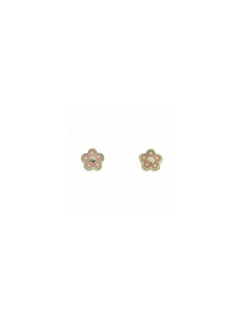 BOUCLES D'OREILLES ARGENT RHODIE - FLEUR - EMAIL ROSE