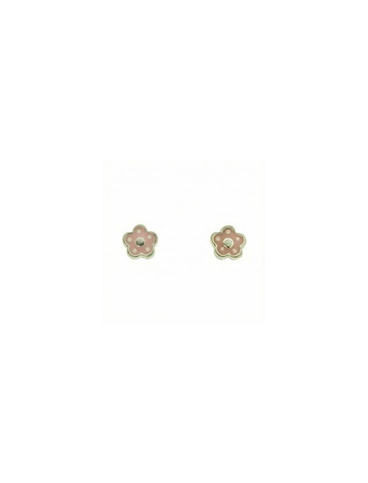 BOUCLES D'OREILLES ARGENT RHODIE - FLEUR - EMAIL ROSE
