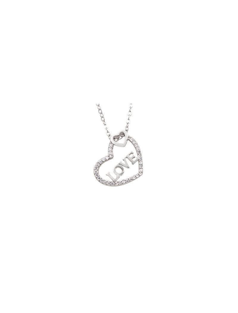 COLLIER ARGENT RHODIE - COEUR ''LOVE'' - ZIRCONIA