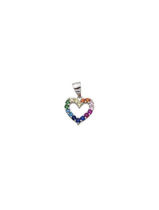 COLLIER ARGENT RHODIE - COEUR - PIERRRES MULTICOLORES SYNTHETIQUES