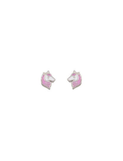 BOUCLES D'OREILLES ARGENT RHODIE - LICORNE - EMAIL BLANC ET ROSE