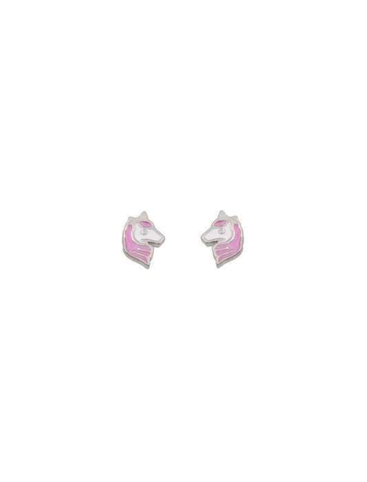 BOUCLES D'OREILLES ARGENT RHODIE - LICORNE - EMAIL BLANC ET ROSE