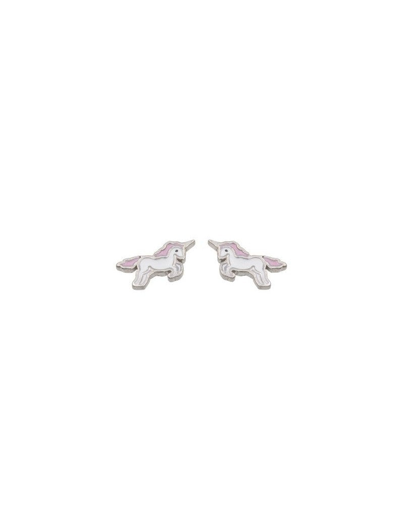 BOUCLES D'OREILLES ARGENT RHODIE - LICORNE - EMAIL BLANC ET ROSE