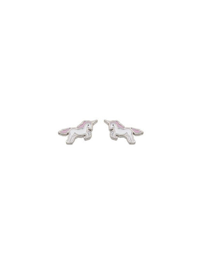 BOUCLES D'OREILLES ARGENT RHODIE - LICORNE - EMAIL BLANC ET ROSE