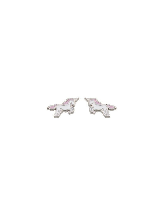 BOUCLES D'OREILLES ARGENT RHODIE - LICORNE - EMAIL BLANC ET ROSE