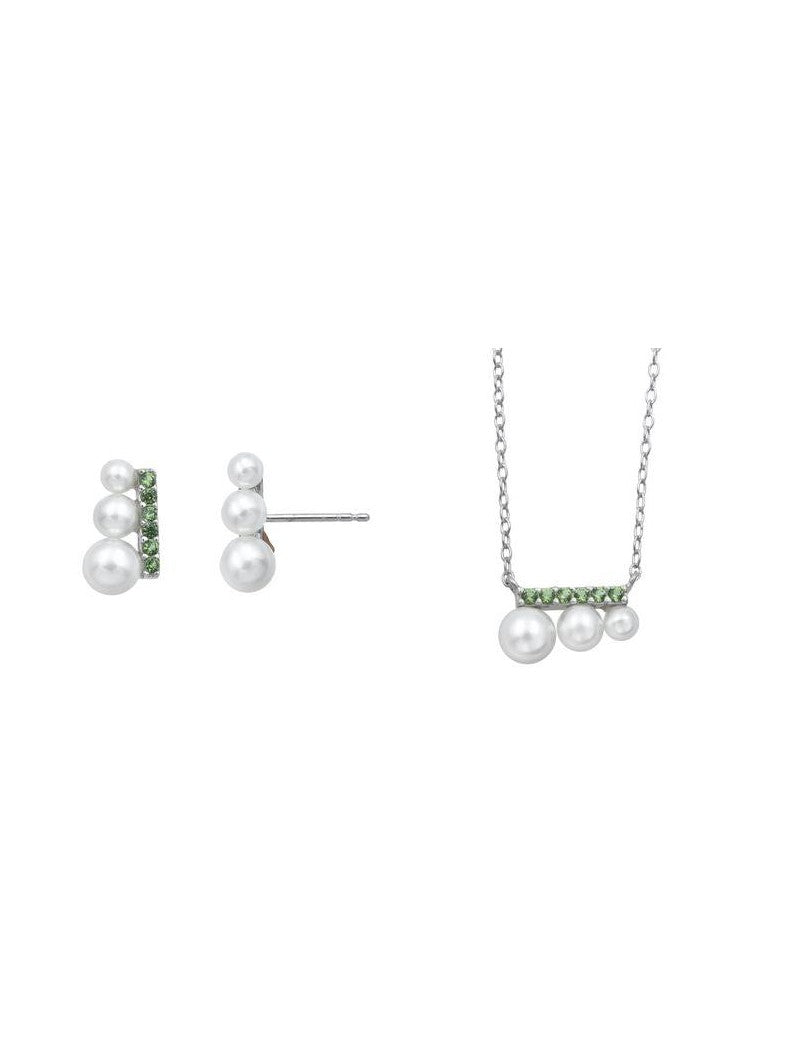 PARURE ARGENT RHODIE - ZIRCONIA VERT - PERLE SYNTHETIQUE