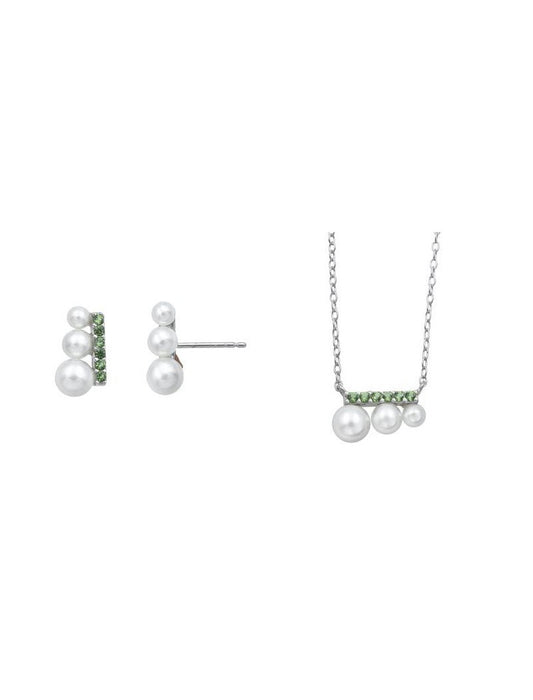 PARURE ARGENT RHODIE - ZIRCONIA VERT - PERLE SYNTHETIQUE