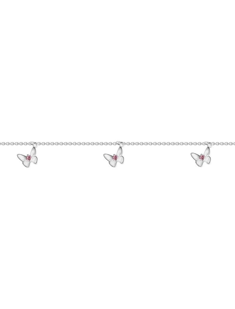 BRACELET ARGENT RHODIE - PAPILLON - ZIRCONIA ROSE - LAQUE BLANCHE - 15+2 CM