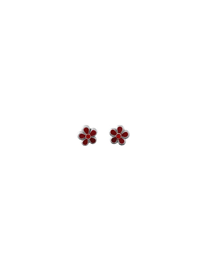 BOUCLES D'OREILLES ARGENT RHODIE - FLEUR - LAQUE ROUGE - S.RUBIS