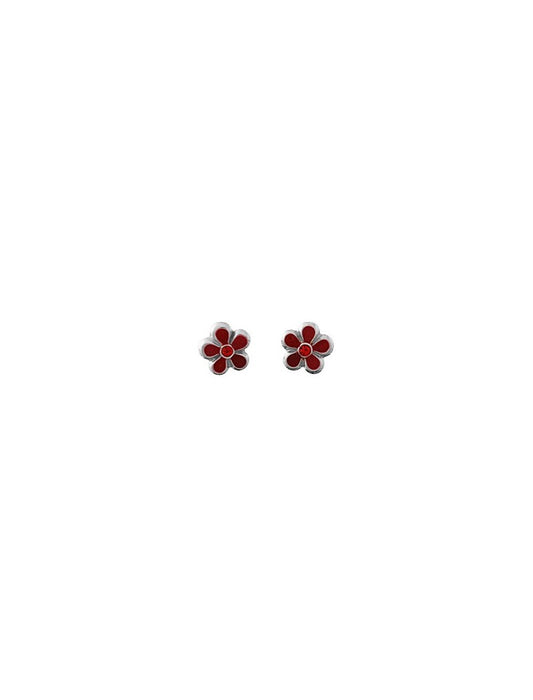 BOUCLES D'OREILLES ARGENT RHODIE - FLEUR - LAQUE ROUGE - S.RUBIS