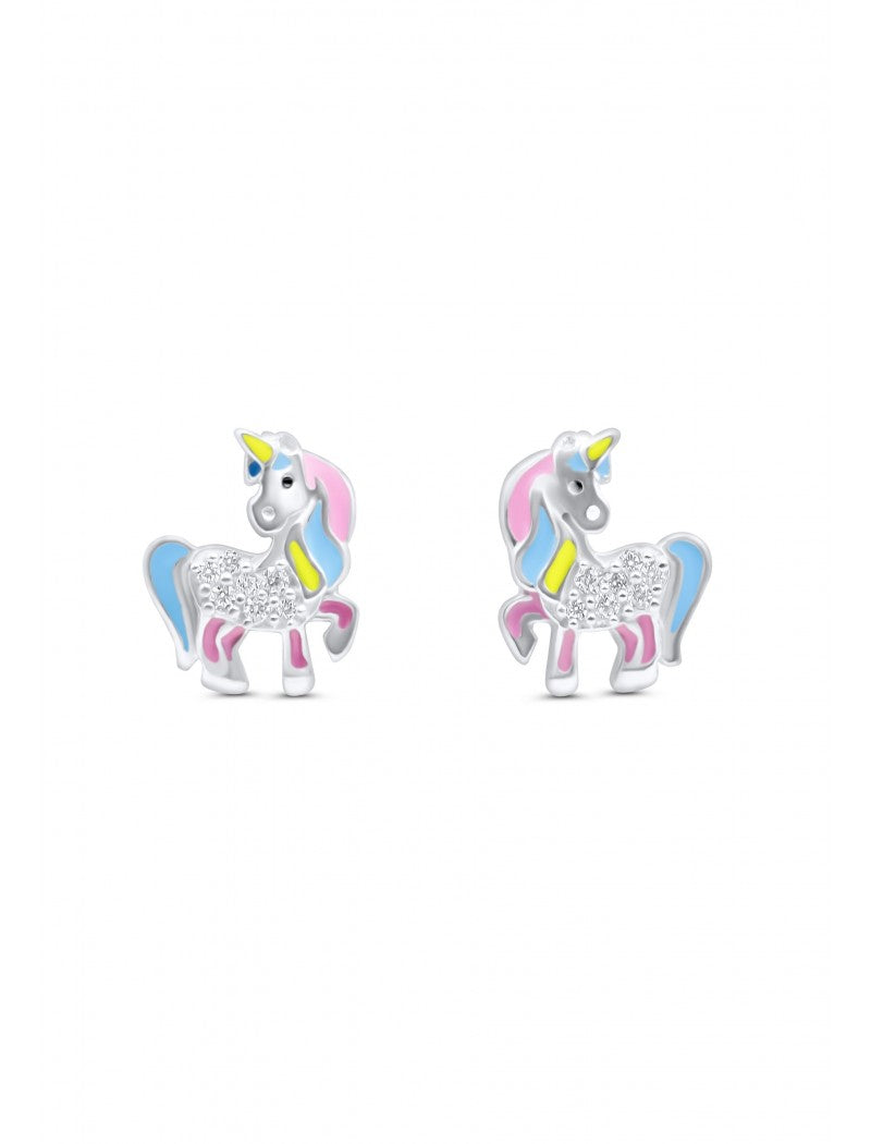 BOUCLES d'OREILLES ARGENT RHODIE - LICORNE - ZIRCONIA - LAQUE MULTI