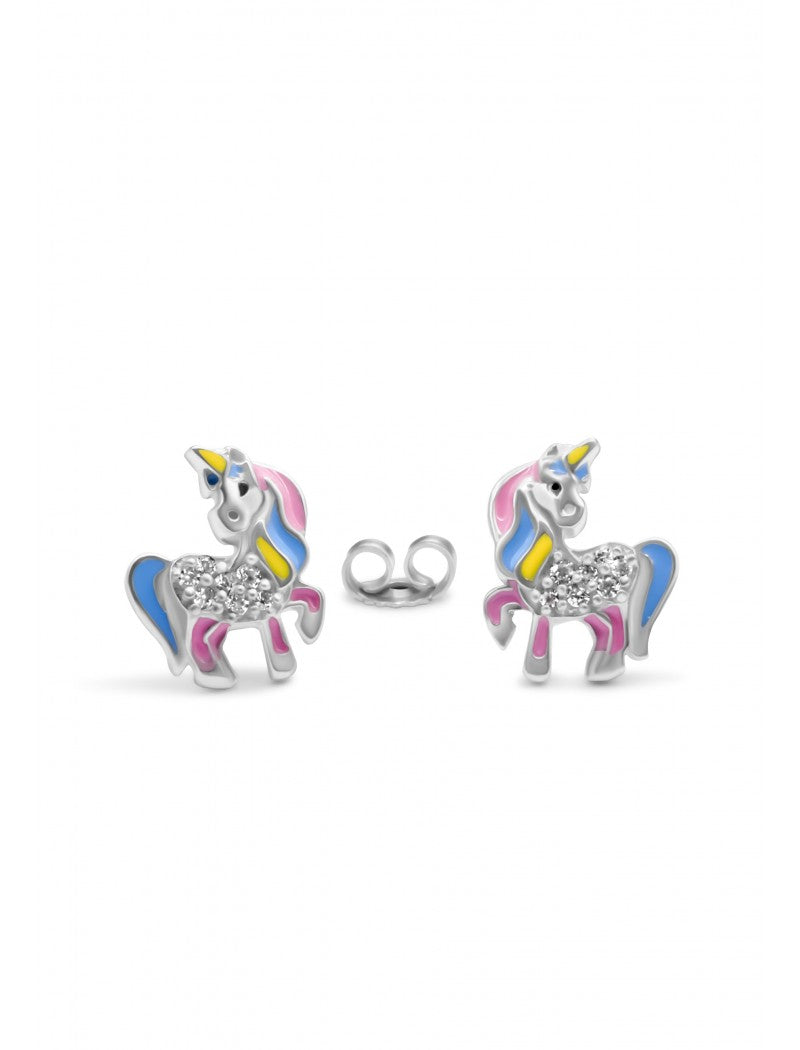 BOUCLES d'OREILLES ARGENT RHODIE - LICORNE - ZIRCONIA - LAQUE MULTI