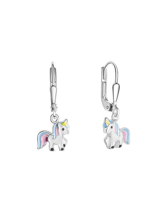 BOUCLES D'OREILLES ARGENT RHODIE - PENDANTE - LICORNE LAQUE MULTICOLORE