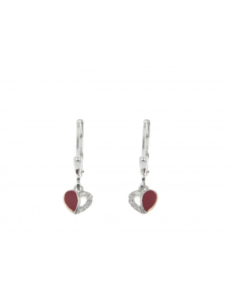 BOUCLES d'OREILLES ARGENT RHODIE - PENDENTE - COEUR - ZIRCONIA - LAQUE ROUGE