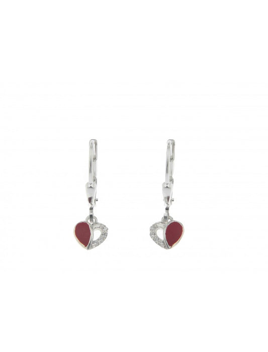 BOUCLES d'OREILLES ARGENT RHODIE - PENDENTE - COEUR - ZIRCONIA - LAQUE ROUGE